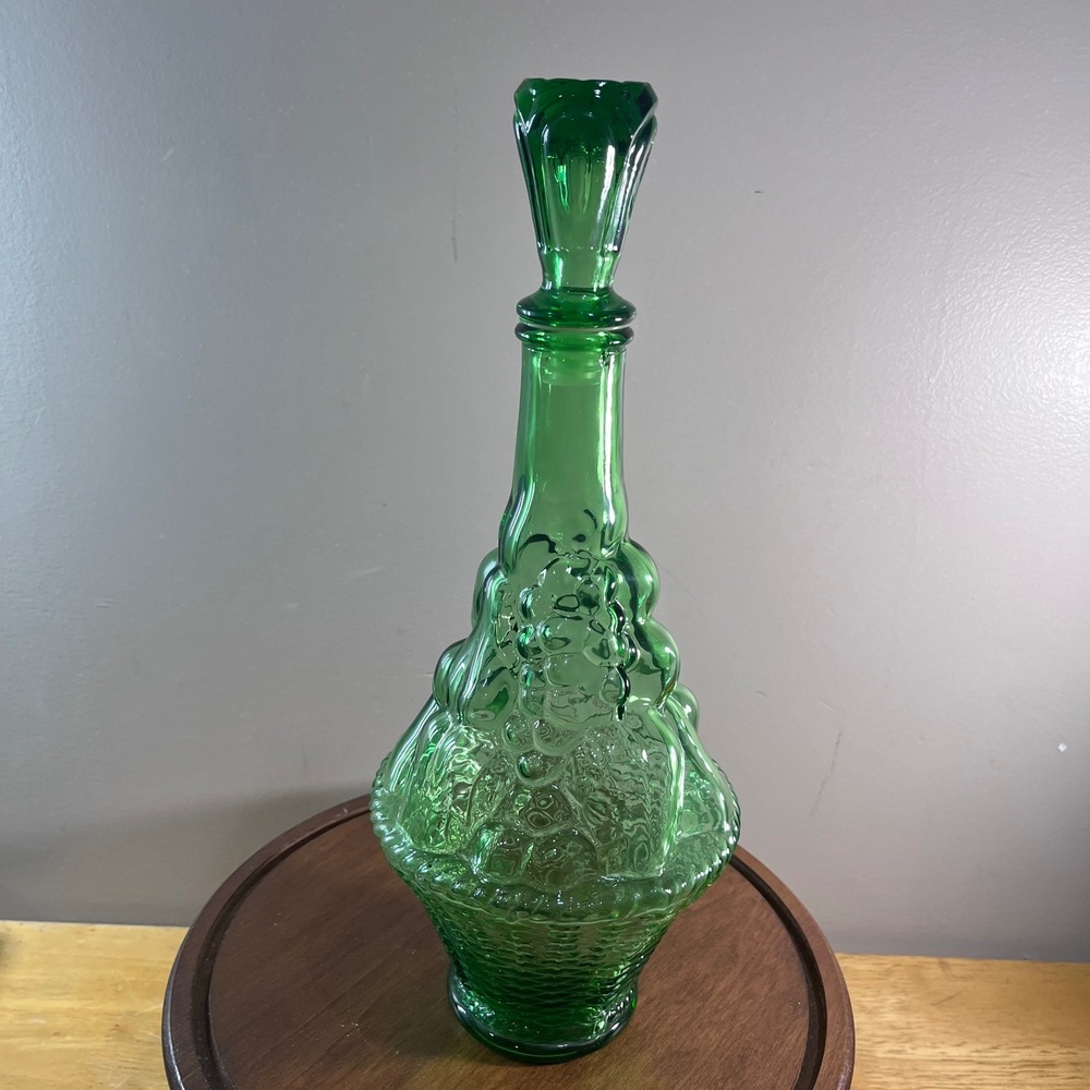 Vtg Empoli Green Glass Fruit Basket Decanter Bottle Made in Italy 14.5" Stopper